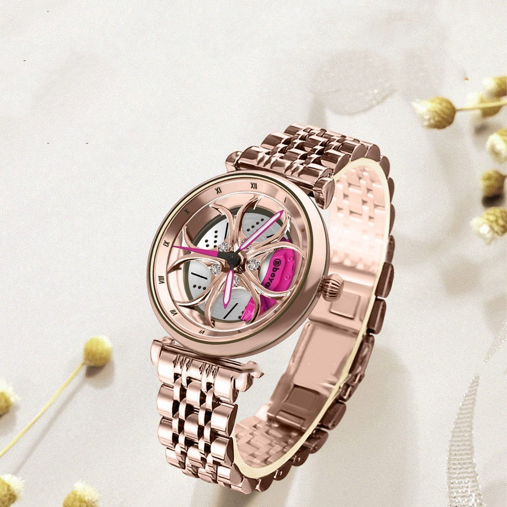 Women's Quartz Watch with Rotating Wheel Dial